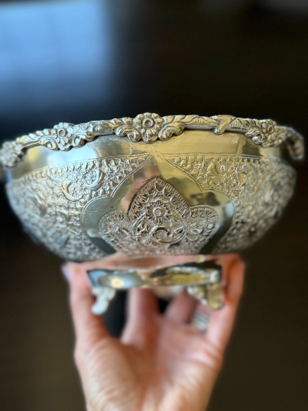 Vintage Heavily Embossed Repousse Silver Bowl | Footed | Floral Medallion | 9 in